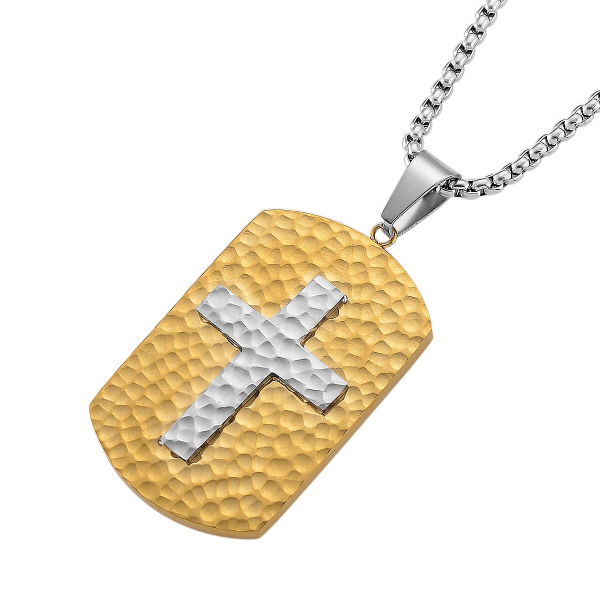 Hammered Cross Pendant Necklace in ION Plated YG and Stainless Steel 20-22 Inches image number 3