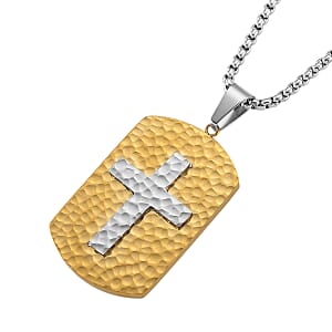 Hammered Cross Pendant Necklace in ION Plated YG and Stainless Steel (20-22 Inches)