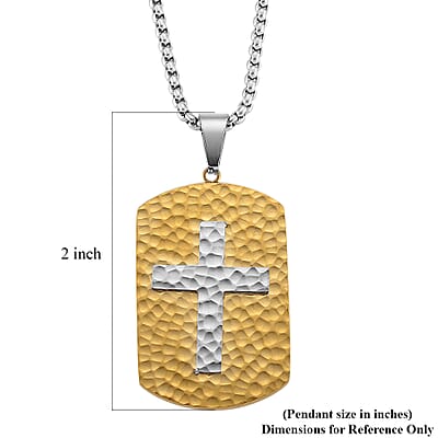 Hammered Cross Pendant Necklace in ION Plated YG and Stainless Steel (20-22 Inches)