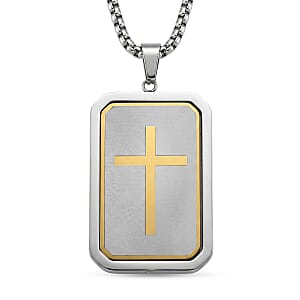 Simulated Diamond Reversible Cross Pendant Necklace (20-22 Inches) in ION Plated YG and Stainless Steel