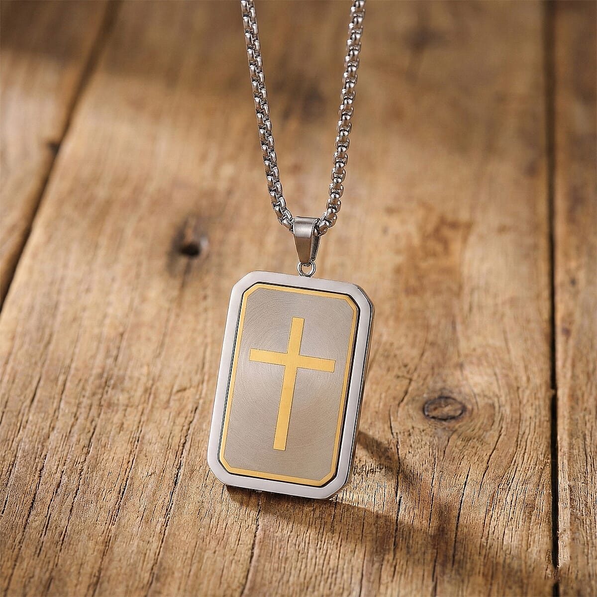 Simulated Diamond Reversible Cross Pendant Necklace (20-22 Inches) in ION Plated YG and Stainless Steel image number 1