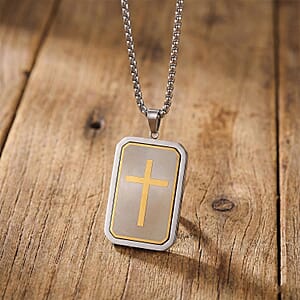 Simulated Diamond Reversible Cross Pendant Necklace (20-22 Inches) in ION Plated YG and Stainless Steel