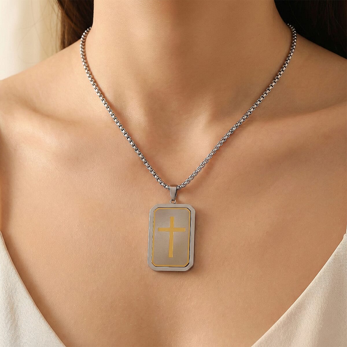 Simulated Diamond Reversible Cross Pendant Necklace (20-22 Inches) in ION Plated YG and Stainless Steel image number 2