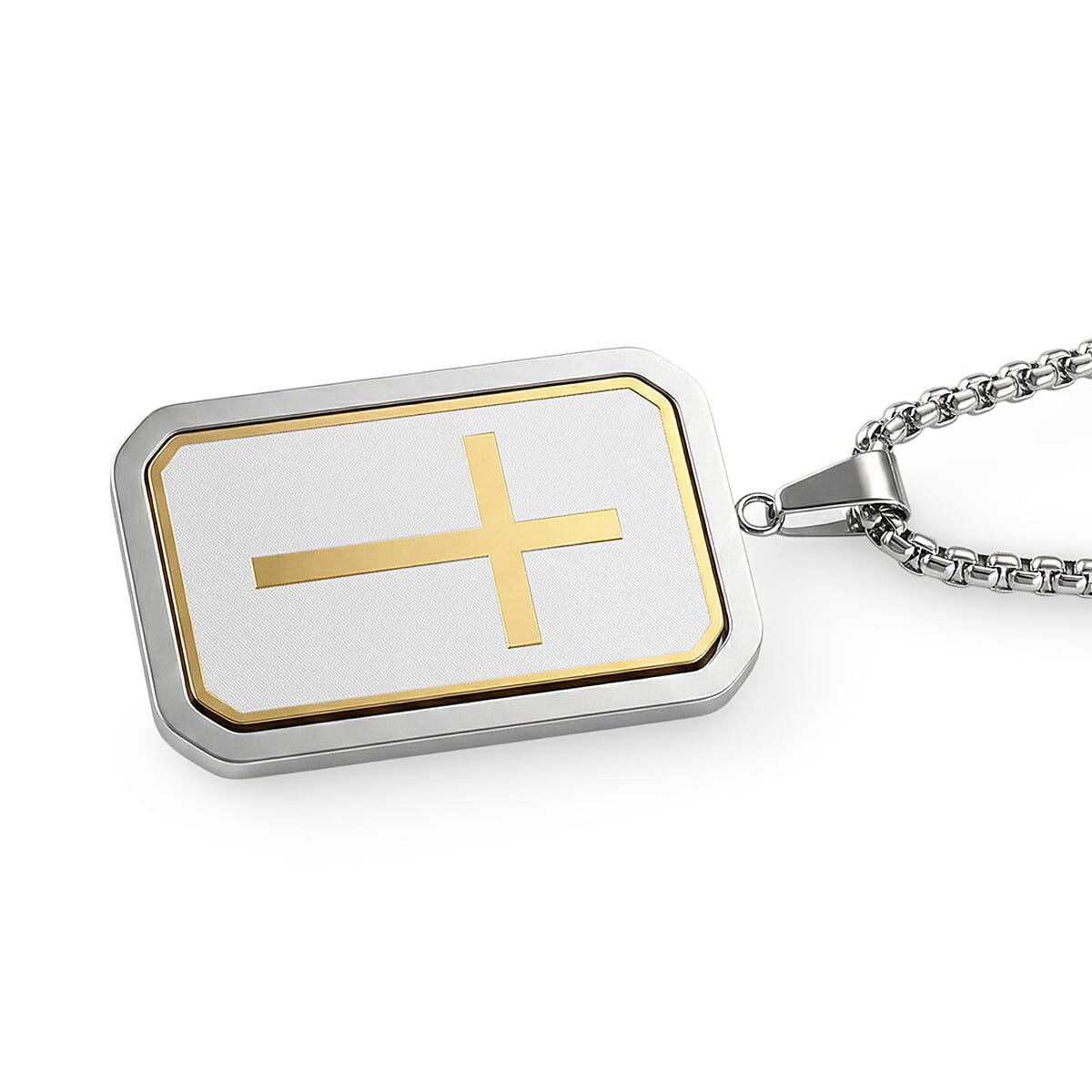 Simulated Diamond Reversible Cross Pendant Necklace (20-22 Inches) in ION Plated YG and Stainless Steel image number 3