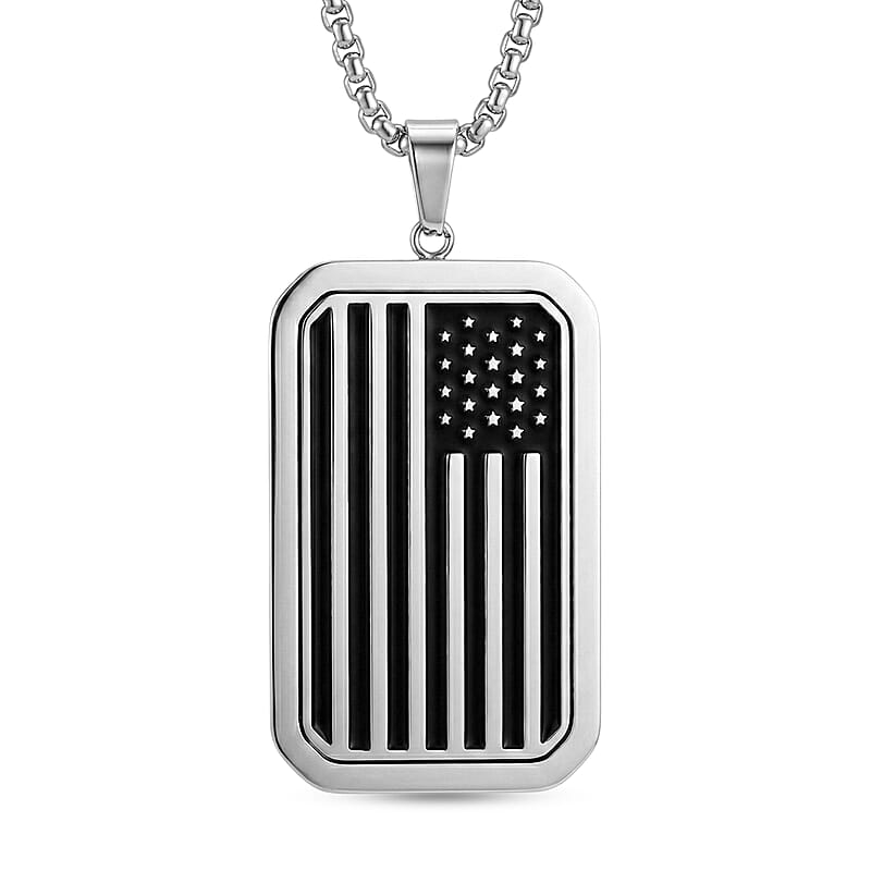 Simulated Diamond Reversible American Flag Pendant Necklace (20-22 Inches) in Stainless Steel