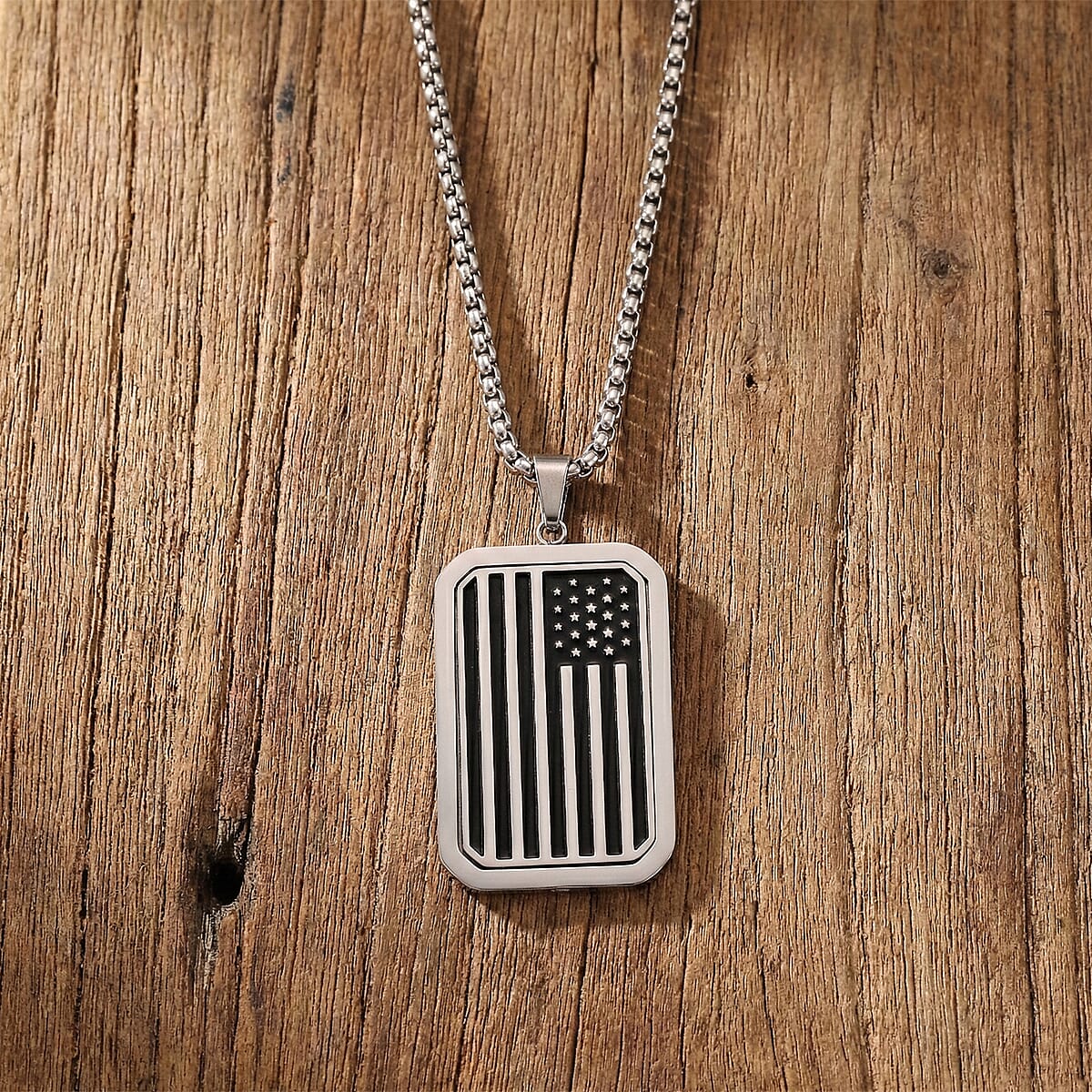 Simulated Diamond Reversible American Flag Pendant Necklace (20-22 Inches) in Stainless Steel image number 1