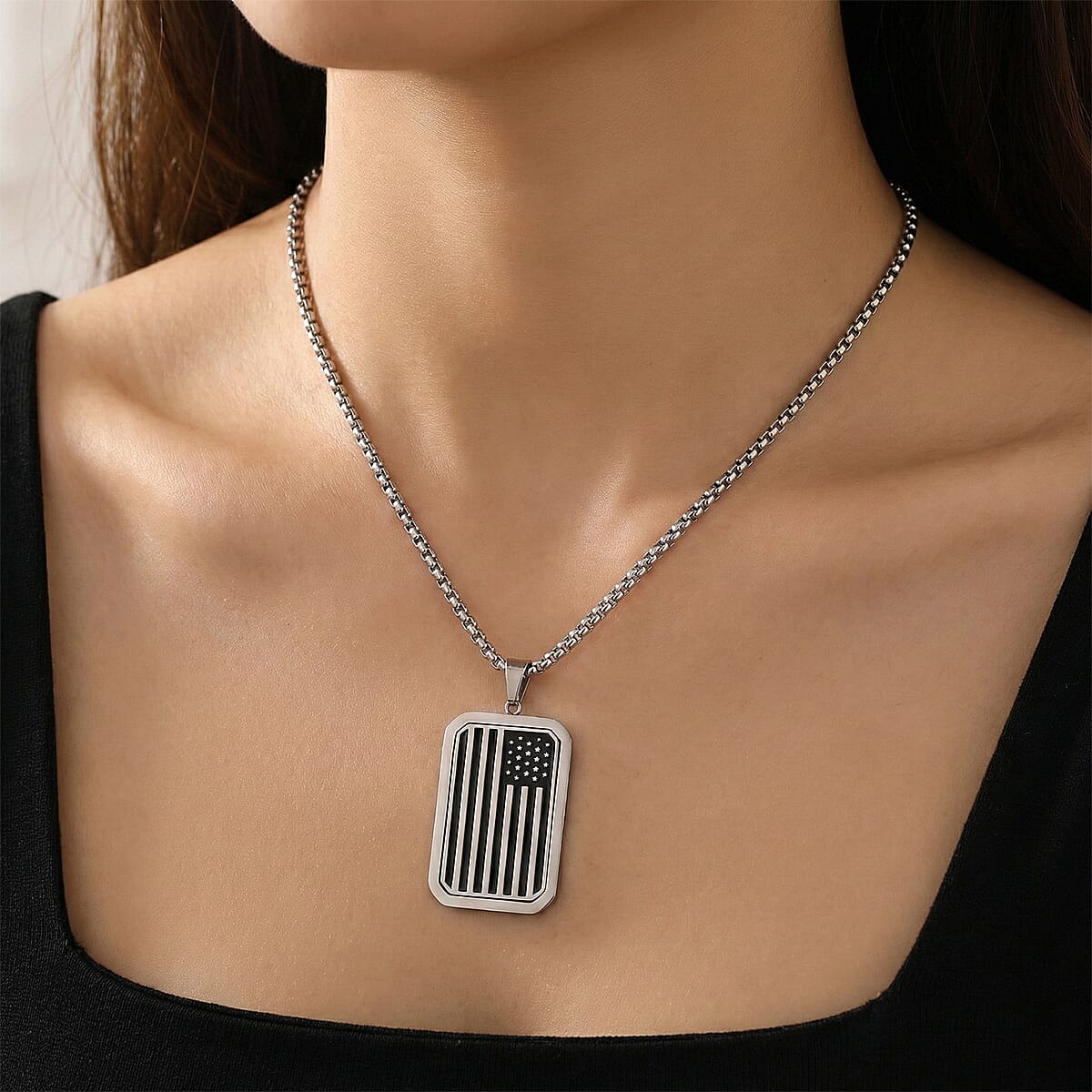 Simulated Diamond Reversible American Flag Pendant Necklace (20-22 Inches) in Stainless Steel image number 2