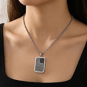 Simulated Diamond Reversible American Flag Pendant Necklace (20-22 Inches) in Stainless Steel