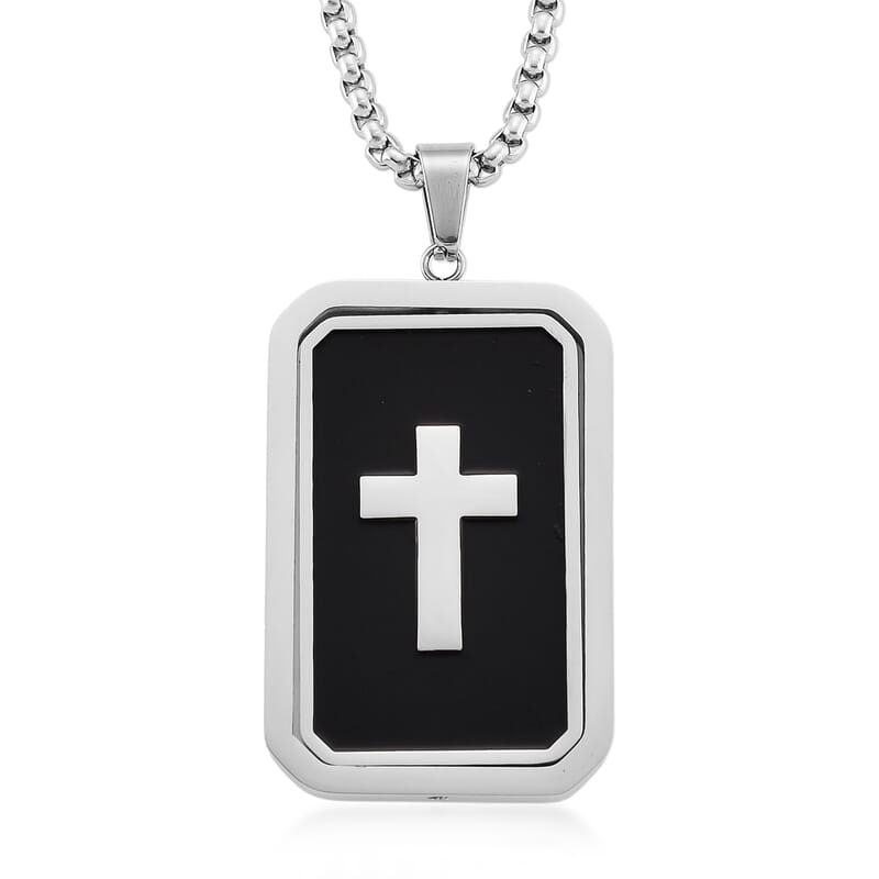 Simulated Diamond Reversible Cross Pendant Necklace (20-22 Inches) in Stainless Steel