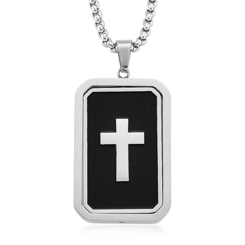 Simulated Diamond Reversible Cross Pendant Necklace (20-22 Inches) in Stainless Steel