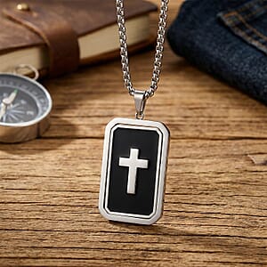 Simulated Diamond Reversible Cross Pendant Necklace (20-22 Inches) in Stainless Steel