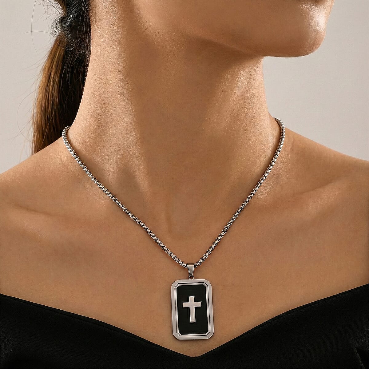 Simulated Diamond Reversible Cross Pendant Necklace (20-22 Inches) in Stainless Steel image number 2