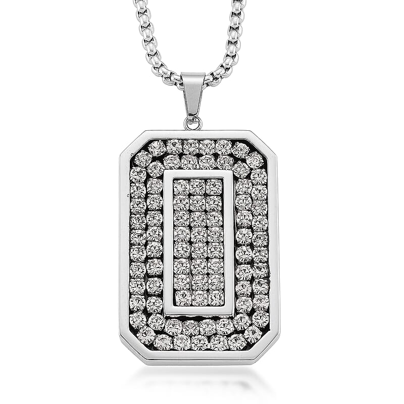 Simulated Diamond Rectangular Pendant Necklace (20-22 Inches) in Stainless Steel
