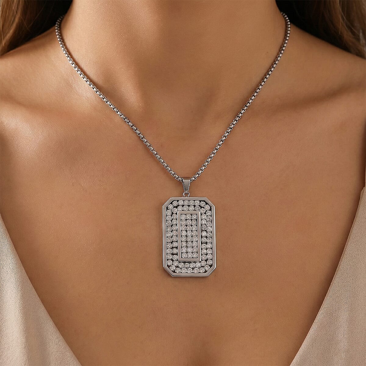 Simulated Diamond Rectangular Pendant Necklace (20-22 Inches) in Stainless Steel image number 2