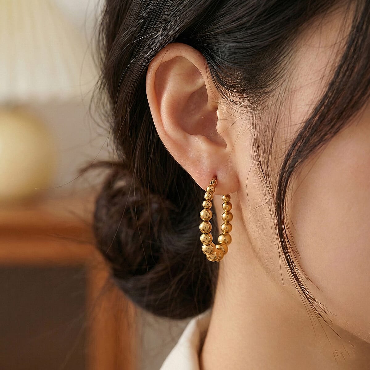 Beaded Hoop Earrings in ION Plated YG Stainless Steel image number 2