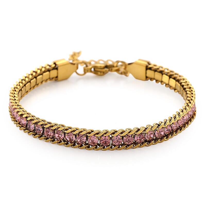 Pink Austrian Crystal Bracelet in ION Plated YG Stainless Steel (7.50 In)