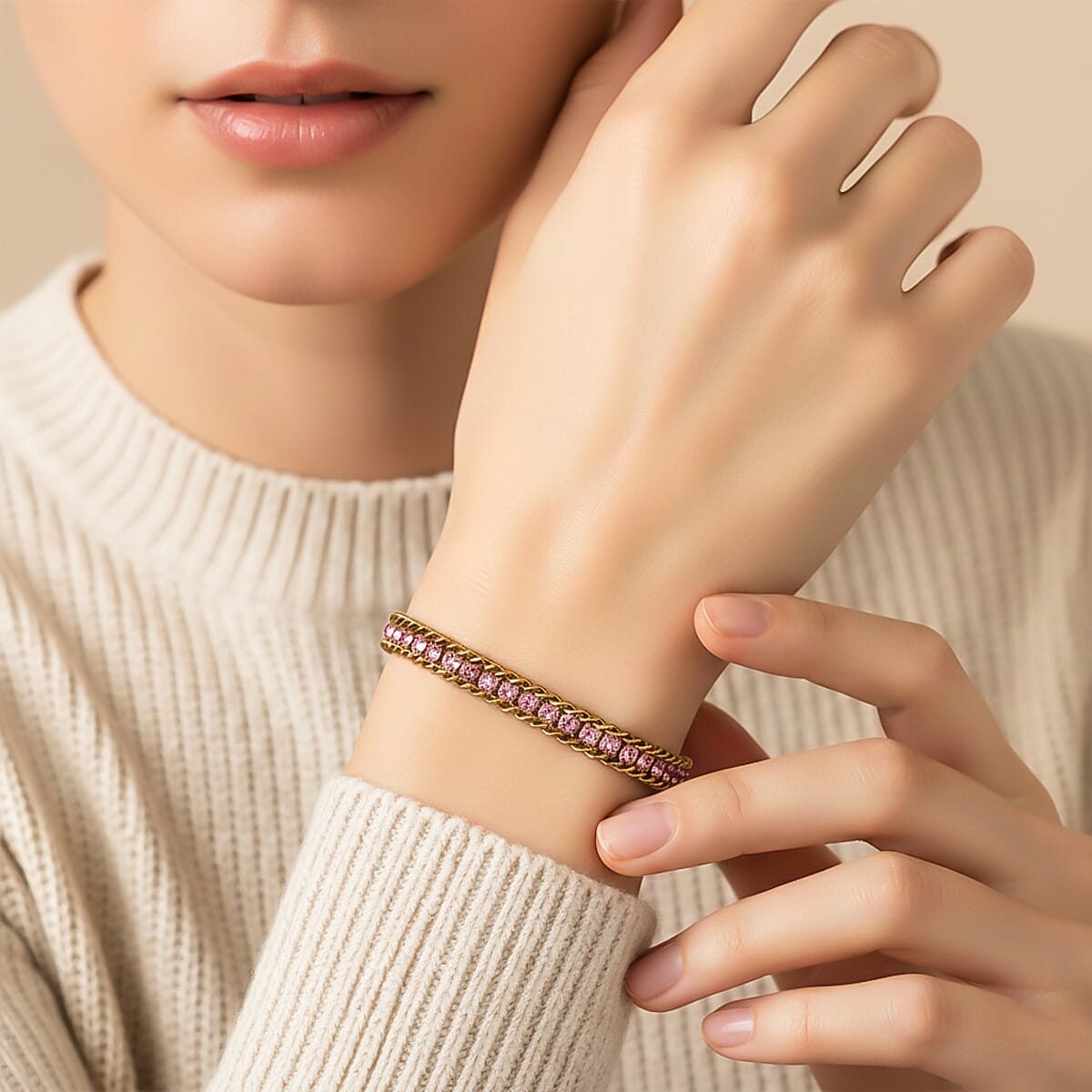 Pink Austrian Crystal Bracelet in ION Plated YG Stainless Steel (7.50 In) image number 2