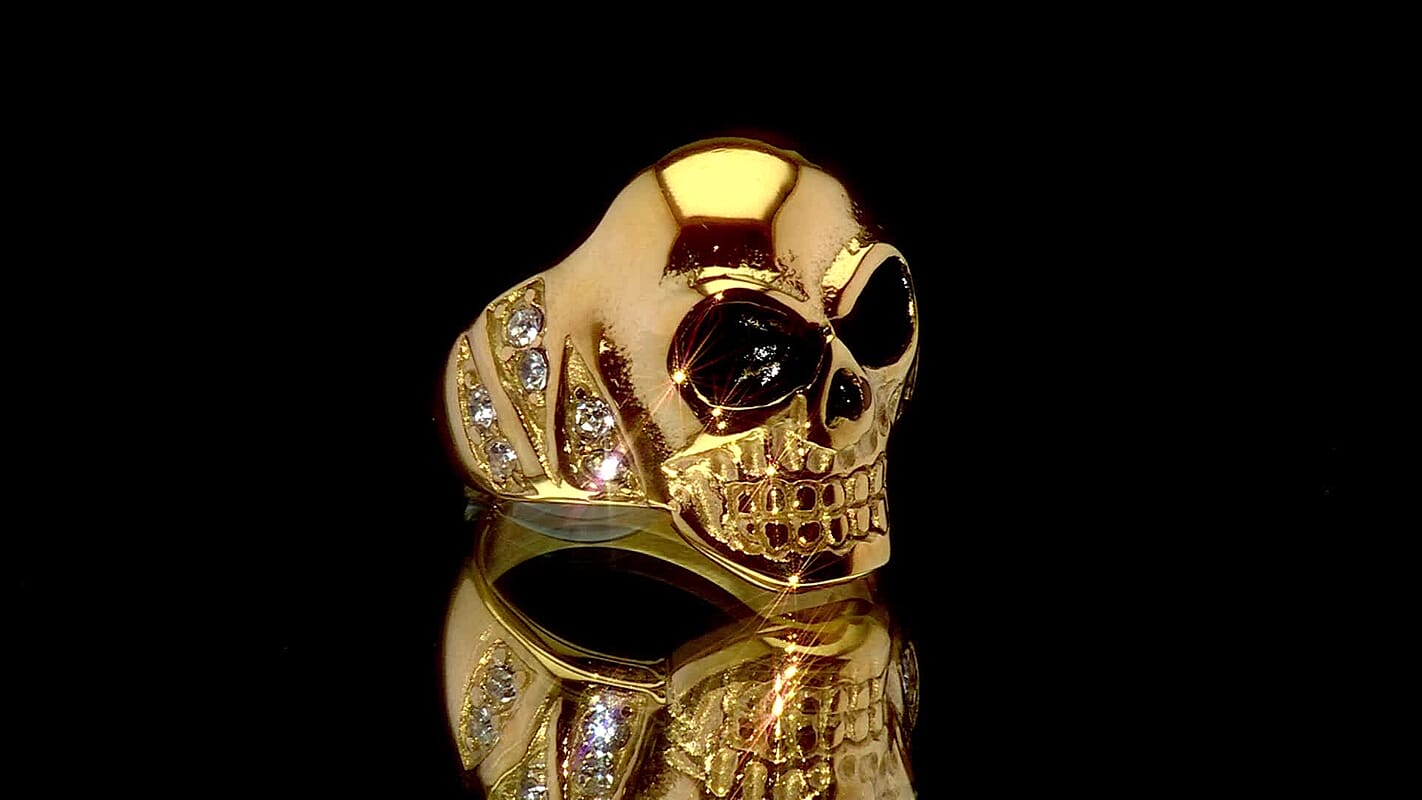 Simulated Diamond 0.30 ctw Bold Skull Ring in ION Plated YG Stainless Steel