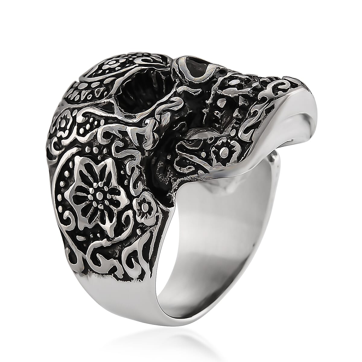 Intricate Skull Ring in Black Oxidized and Stainless Steel (Size 10.0)
