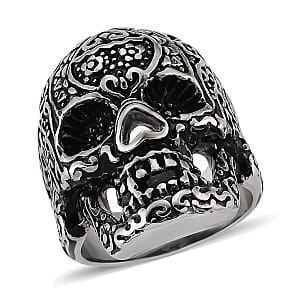 Intricate Skull Ring in Black Oxidized and Stainless Steel (Size 6.0)
