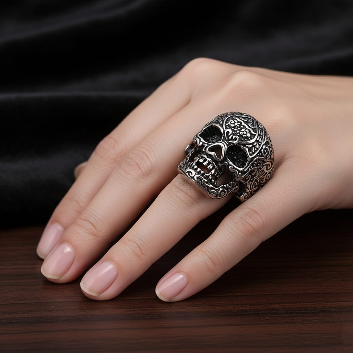 Intricate Skull Ring in Black Oxidized and Stainless Steel (Size 6.0) image number 2