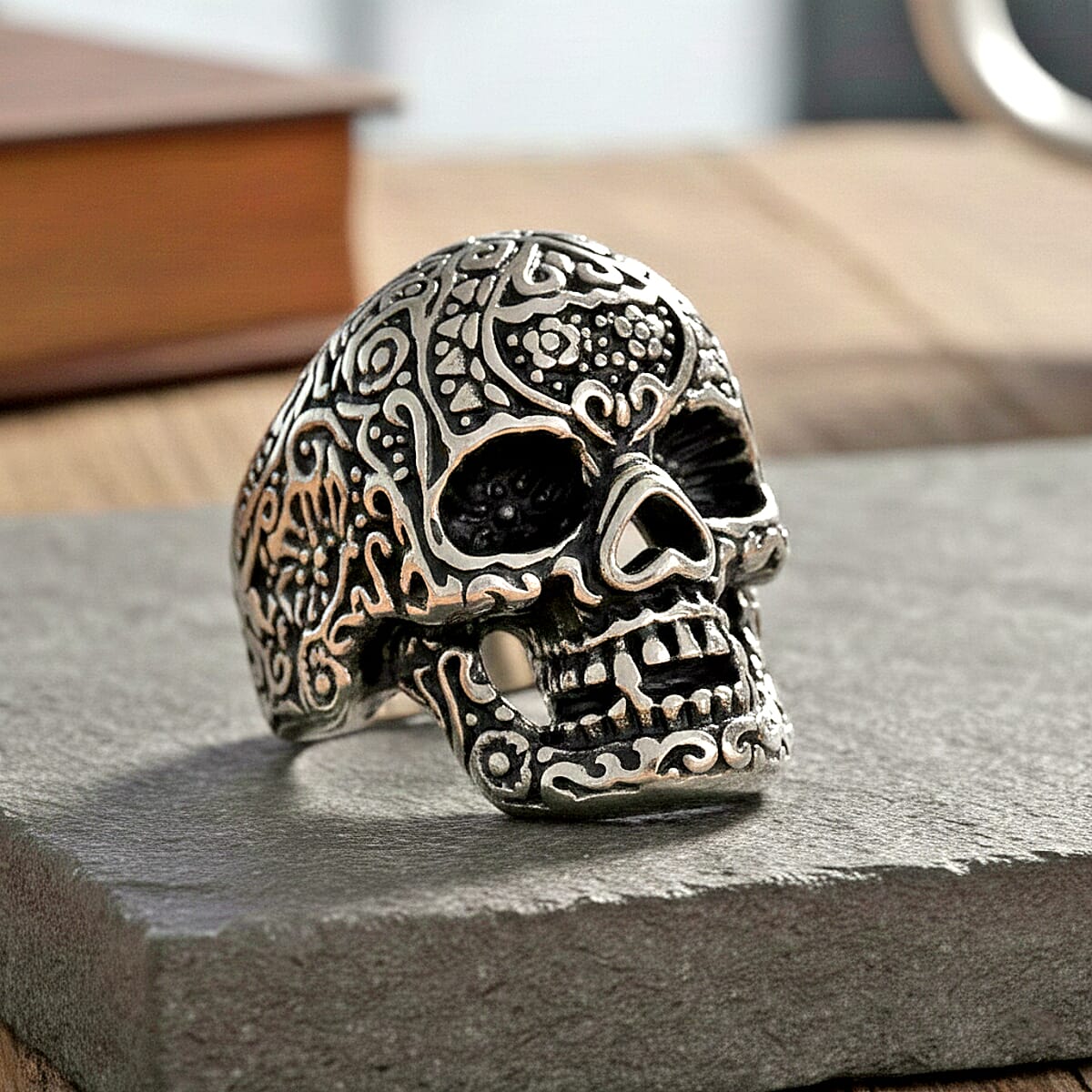 Intricate Skull Ring in Black Oxidized and Stainless Steel (Size 8.0) image number 1