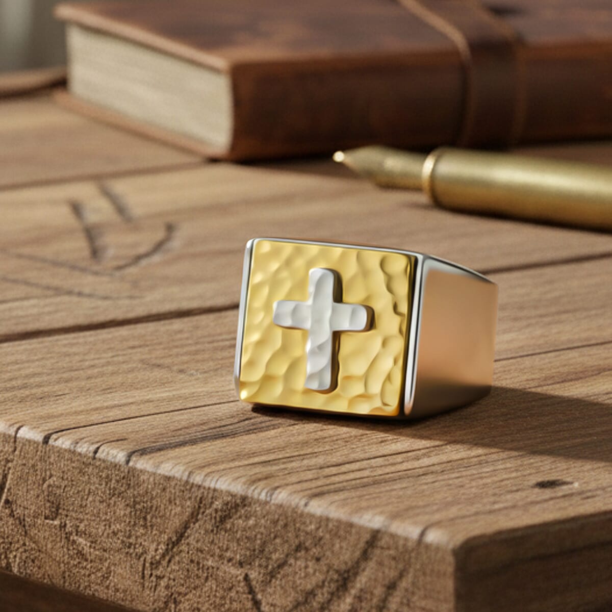 Cross Ring in ION Plated YG Stainless Steel (Size 9) image number 1