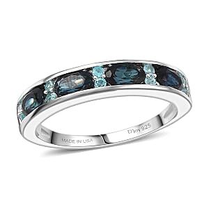 Doorbuster D'Joy AAA Monte Belo Indicolite and Paraiba Tourmaline 1.10 ctw Ocean Crest Band Ring in Rhodium Over Sterling Silver (Size 10.0)