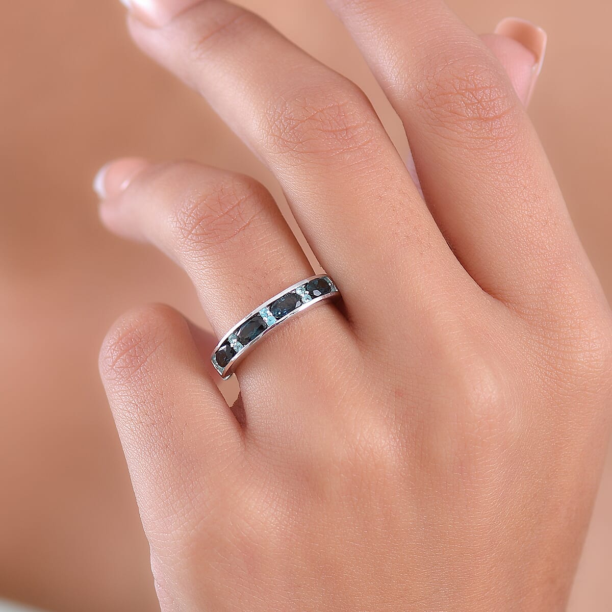 Doorbuster D'Joy AAA Monte Belo Indicolite and Paraiba Tourmaline 1.10 ctw Ocean Crest Band Ring in Rhodium Over Sterling Silver (Size 10.0) image number 2