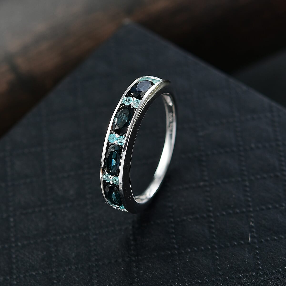 Doorbuster D'Joy AAA Monte Belo Indicolite and Paraiba Tourmaline 1.10 ctw Ocean Crest Band Ring in Rhodium Over Sterling Silver (Size 5.0) image number 1