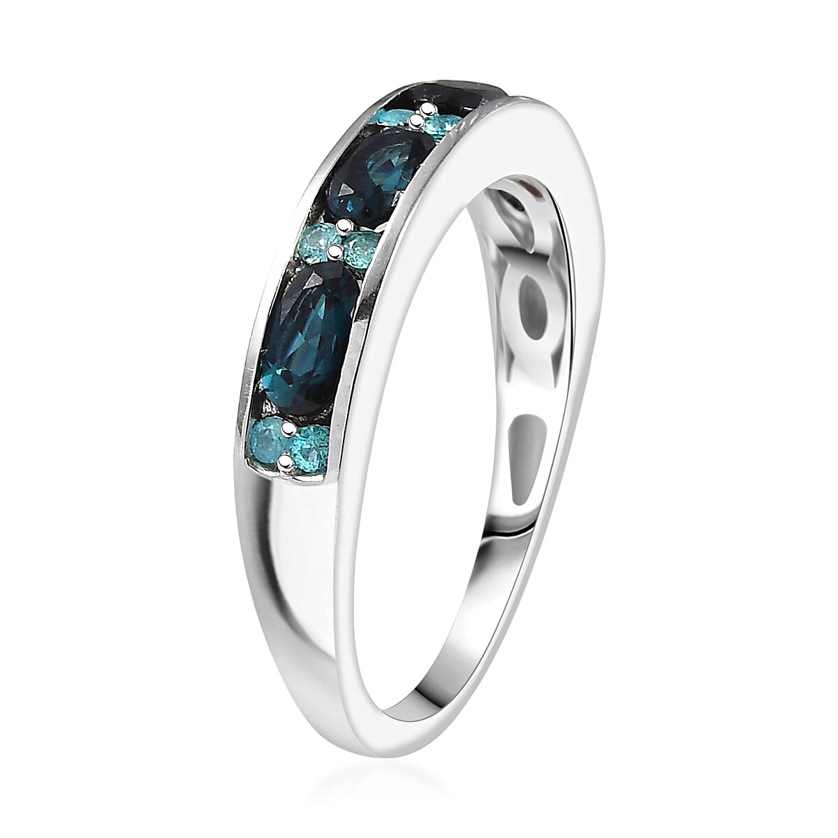 Doorbuster D'Joy AAA Monte Belo Indicolite and Paraiba Tourmaline 1.10 ctw Ocean Crest Band Ring in Rhodium Over Sterling Silver (Size 5.0) image number 3