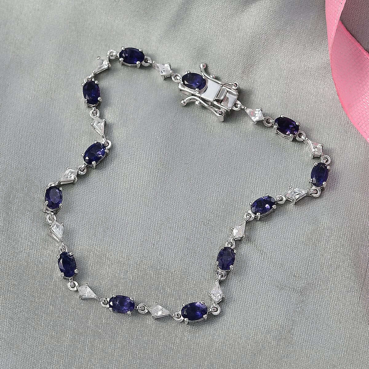 D'Joy Premium Catalina Iolite and White Zircon 5.60 ctw Crown Legacy Bracelet in Rhodium Over Sterling Silver (6.50 In) image number 1