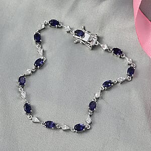 D'Joy Premium Catalina Iolite and White Zircon 5.60 ctw Crown Legacy Bracelet in Rhodium Over Sterling Silver (6.50 In)