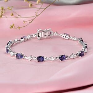 D'Joy Premium Catalina Iolite and White Zircon 6.35 ctw Crown Legacy Bracelet in Rhodium Over Sterling Silver (7.25 In)
