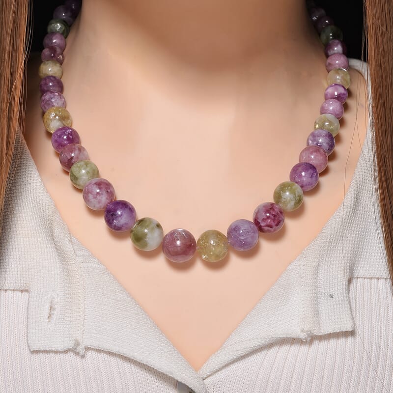 D'Joy Multi Lepidolite Beaded 400.00 ctw Necklace 20 Inches in Rhodium Over Sterling Silver