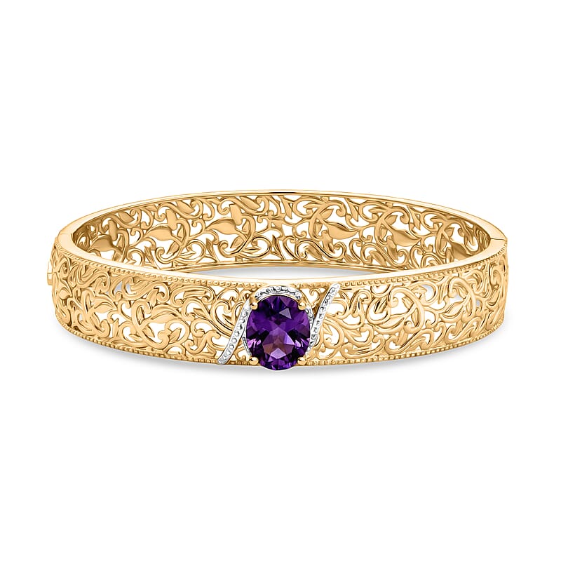 EverTrue Premium African Amethyst 4.60 ctw Bangle Bracelet in 18K YG Plated and Platinum Bond (7.50 In)