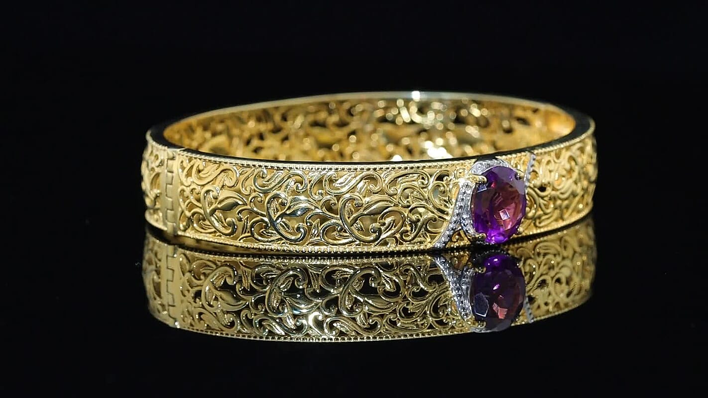EverTrue Premium African Amethyst Bangle Bracelet in 18K YG Plated and Platinum Bond (7.50 In) 4.60 ctw