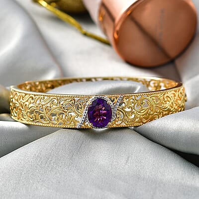 EverTrue Premium African Amethyst 4.60 ctw Bangle Bracelet in 18K YG Plated and Platinum Bond (7.50 In)