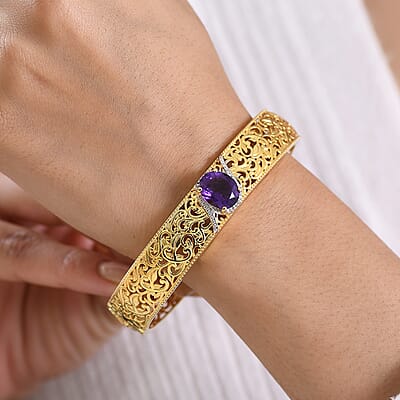 EverTrue Premium African Amethyst 4.60 ctw Bangle Bracelet in 18K YG Plated and Platinum Bond (7.50 In)
