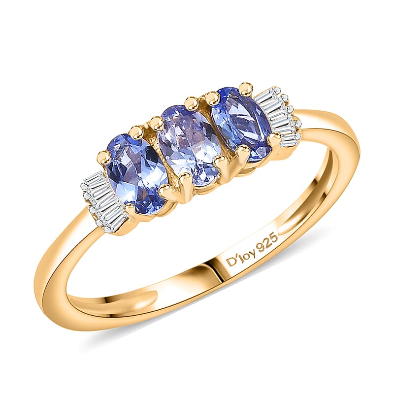 D'Joy  Tanzanite, Diamond Trinity  Ring in 18K Vermeil YG Over Sterling Silver 0.75 ctw (Size 10.0)