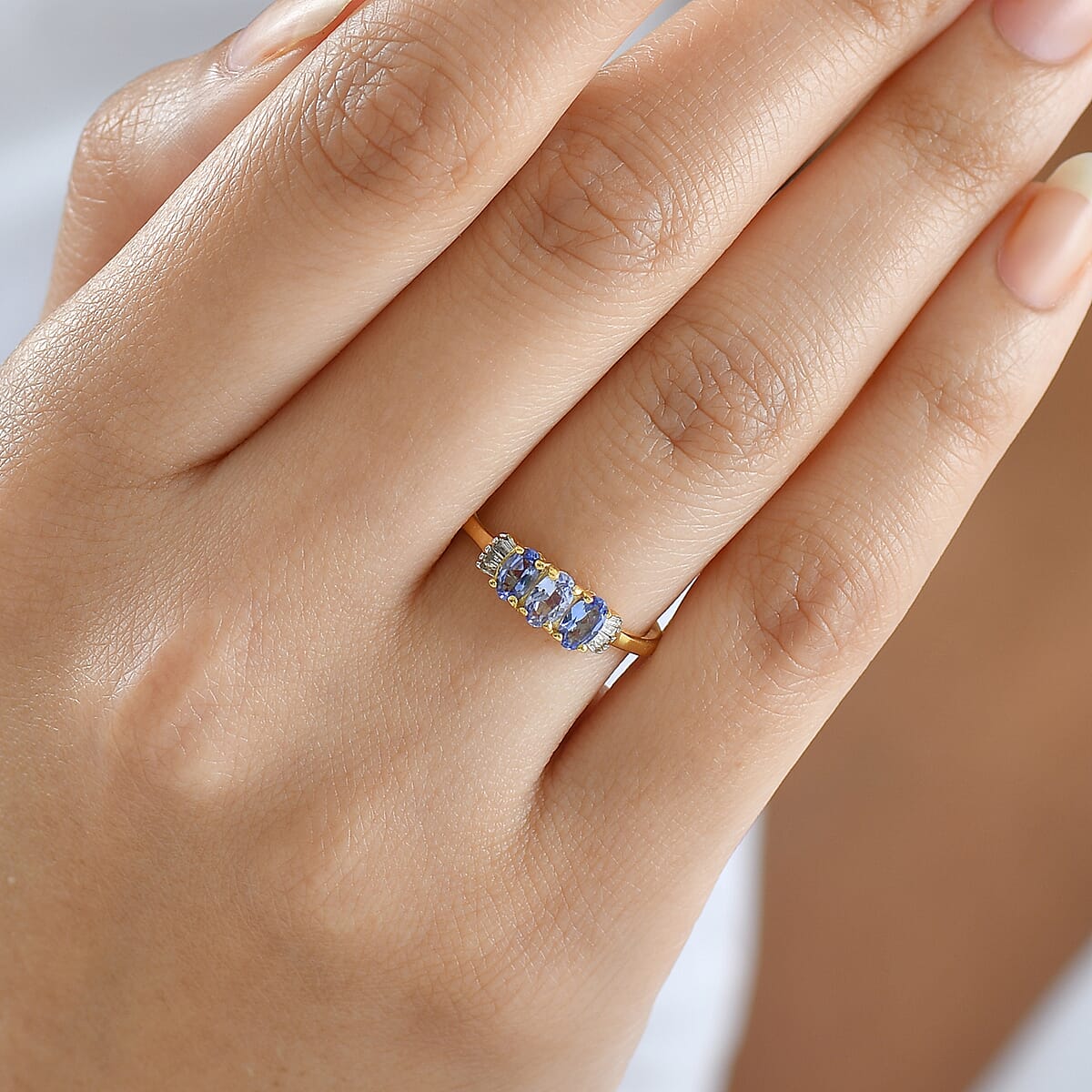 Doorbuster D'Joy Premium Tanzanite and Diamond 0.75 ctw Trinity Ballerina Ring in 18K Vermeil Yellow Gold Over Sterling Silver (Size 9.0) (Del. in 10-12 Days) image number 2