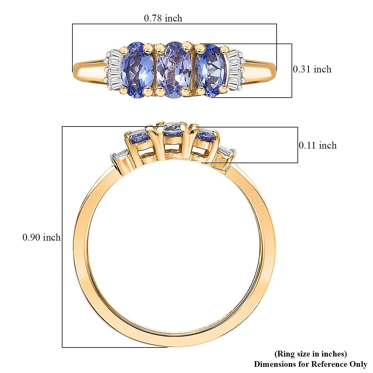 Doorbuster D'Joy Premium Tanzanite and Diamond 0.75 ctw Trinity Ballerina Ring in 18K Vermeil Yellow Gold Over Sterling Silver (Size 9.0) (Del. in 10-12 Days) image number 5