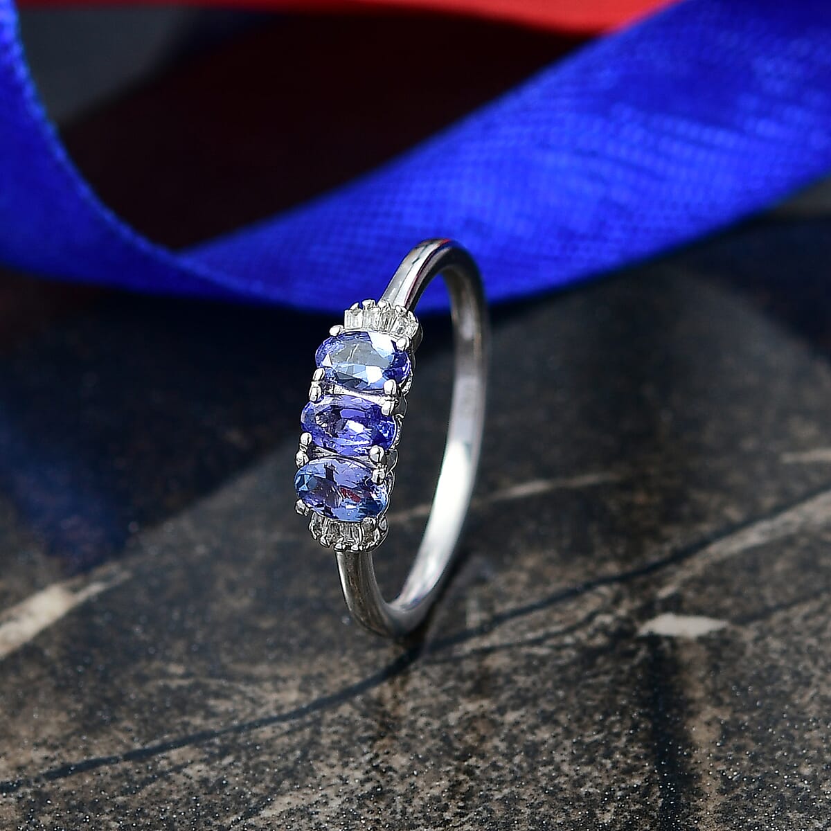 Doorbuster D'Joy Premium Tanzanite and Diamond 0.75 ctw Trinity Ballerina Ring in Rhodium Over Sterling Silver (Size 5.0) image number 1