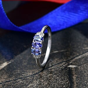D'Joy  Tanzanite, Diamond Trinity  Ring in Rhodium Over Sterling Silver 0.75 ctw (Size 7.0)
