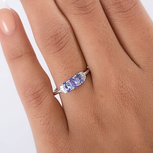 D'Joy  Tanzanite, Diamond Trinity  Ring in Rhodium Over Sterling Silver 0.75 ctw (Size 7.0)
