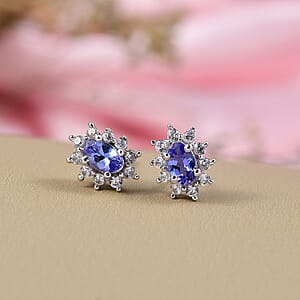 D'Joy Tanzanite, White Zircon Ballerina Earrings in Rhodium Over Sterling Silver 0.65 ctw