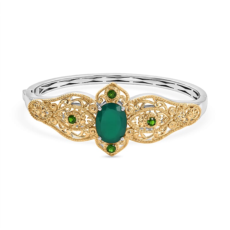 EverTrue Verde Onyx and Chrome Diopside 8.50 ctw Bangle Bracelet in in 18K YG Plated and Platinum Bond (7.25 In)