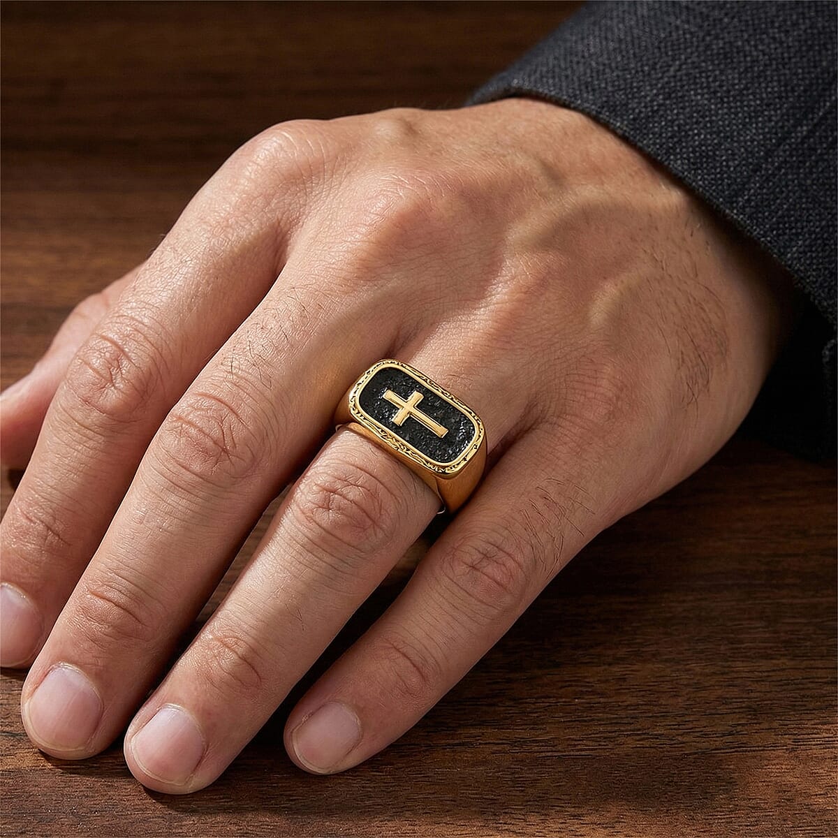 Cross Ring in Black Oxidized and ION Plated YG Stainless Steel (Size 10.0) image number 2