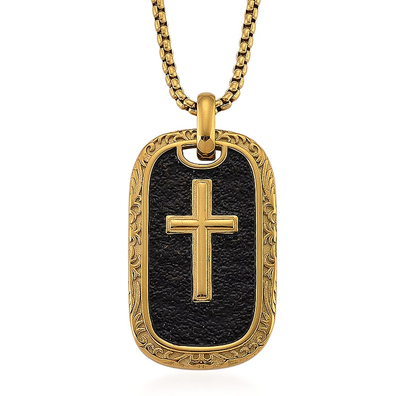 Gold Cross Pendant Necklace in ION Plated YG and Black Oxidized Stainless Steel (20-22 Inches)