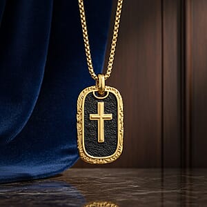 Gold Cross Pendant Necklace in ION Plated YG and Black Oxidized Stainless Steel (20-22 Inches)